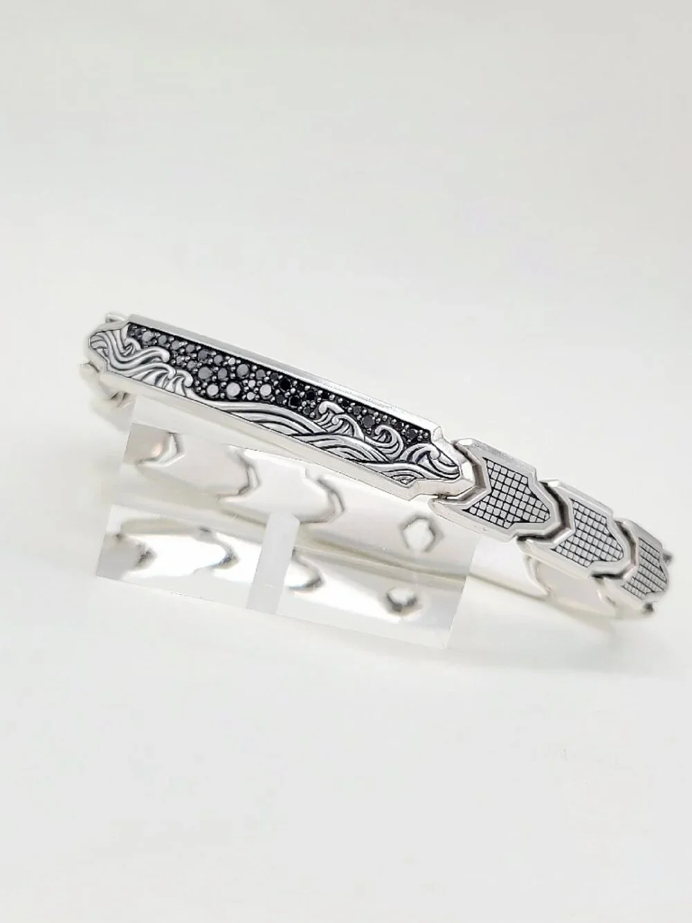 David Yurman Waves ID Link Bracelet w/ Pavé Black Diamonds - 9mm - Size Medium